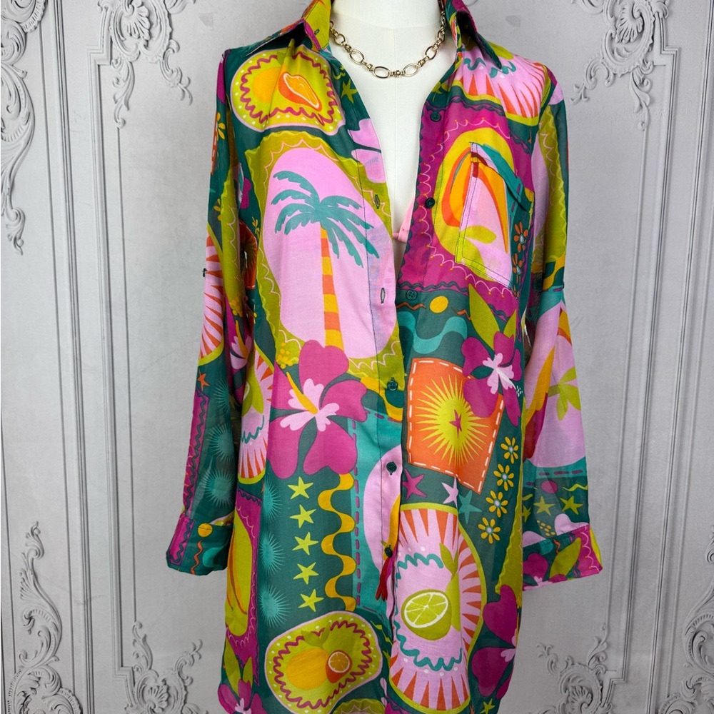 Vibrant Tropical Multicolor Oversized Button Up Shirt Dress - Picture 3 of 12